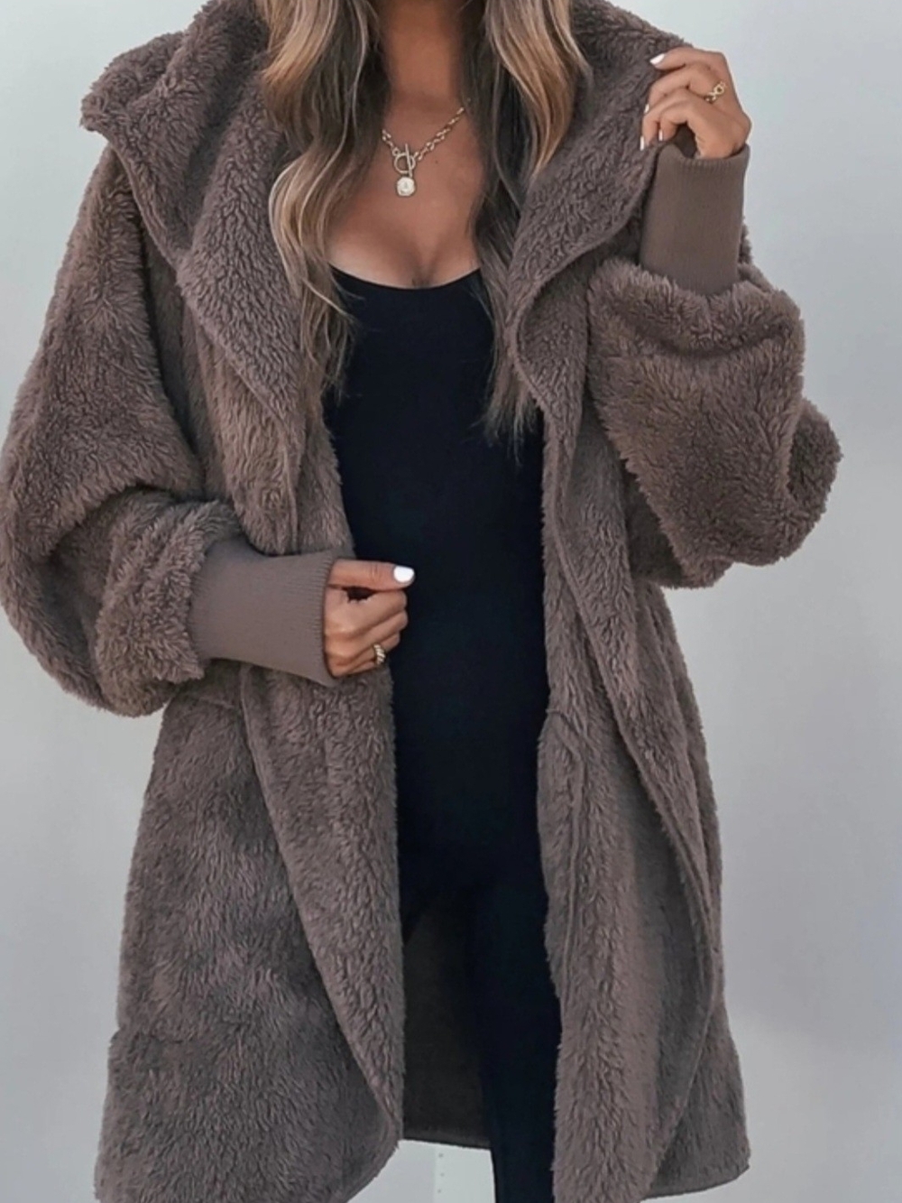 Oversized Hooded Teddy Cardigan - Brown